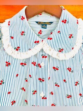 Brooks Brothers Cotton Floral Pinstripe Ruffle Peter Pan Collar Button Down
